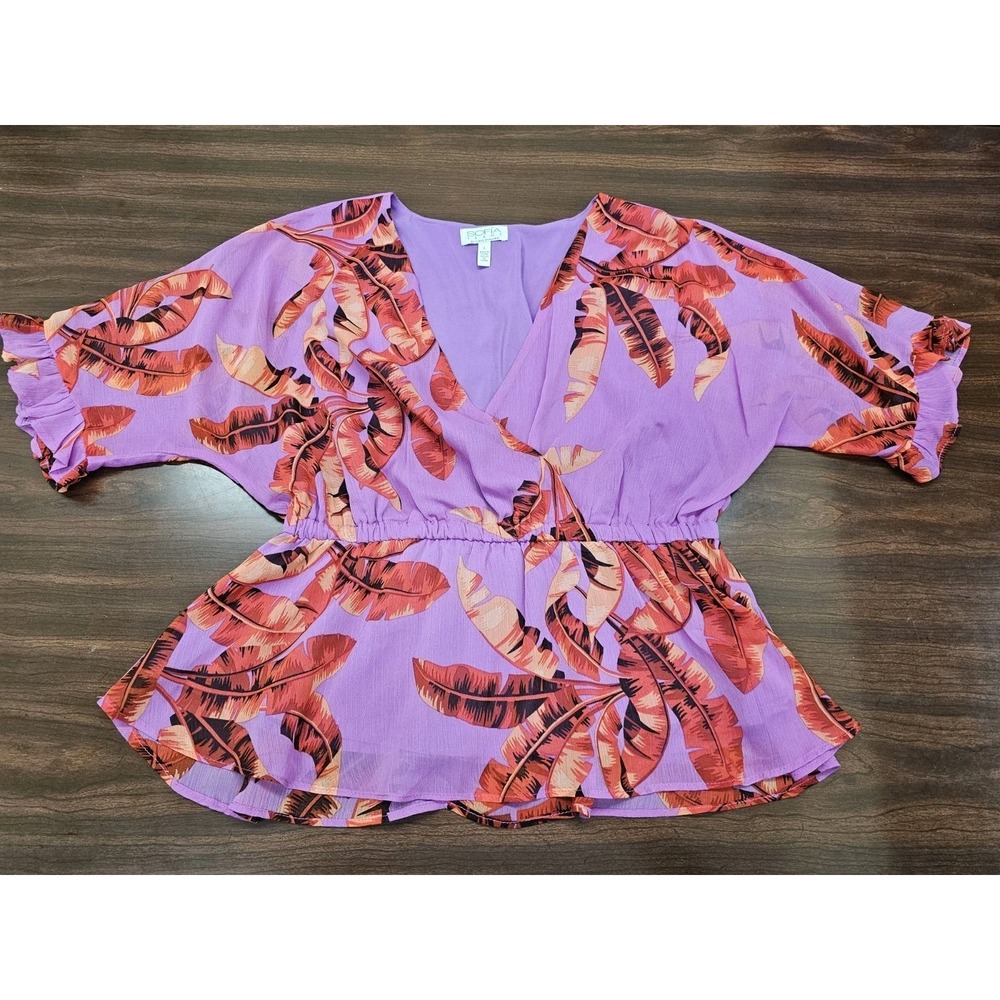 Women Sofia Jeans L Purple Tropical Blouse One Shoulder Ruched Floral Top Summer